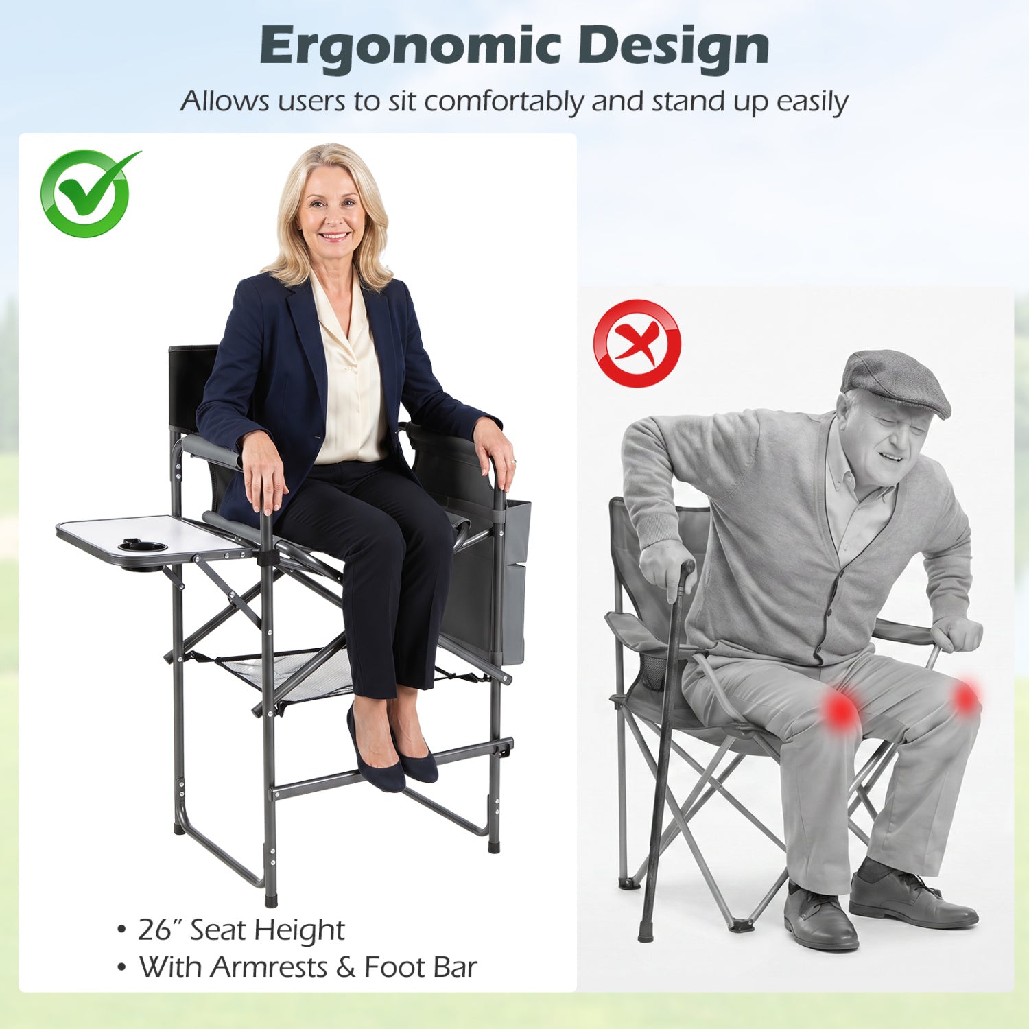 GemGear Tall Director Chair with 26in seat height, black steel frame, side table on Tampa Home & Garden Store