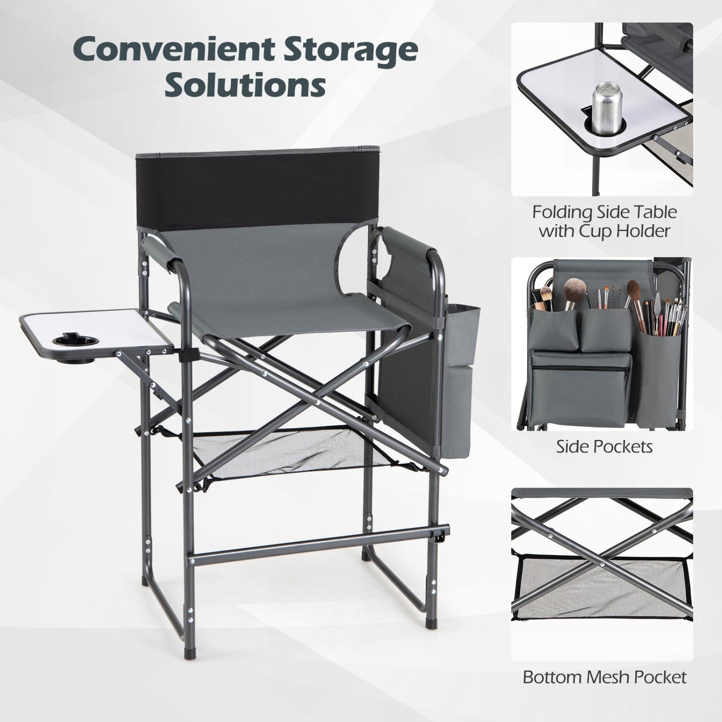 GemGear Tall Director Chair 26in camping chair with gray fabric and folding side table on Tampa Home & Garden Store