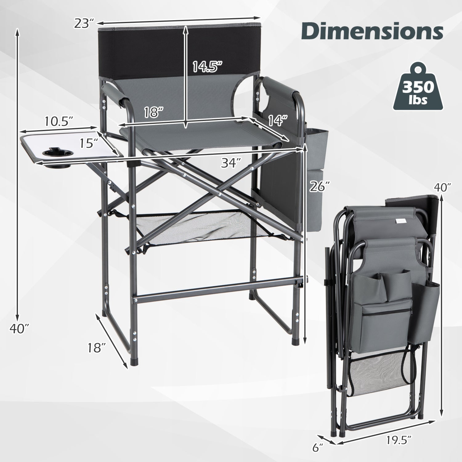 GemGear tall director chair with side table camping chair, 26in seat height, grey/black on Tampa Home & Garden Store