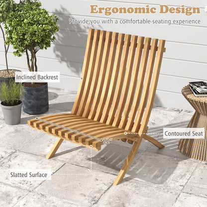 Folding Teak Wood Outdoor Lounge Chair with Slatted Seat and Backrest