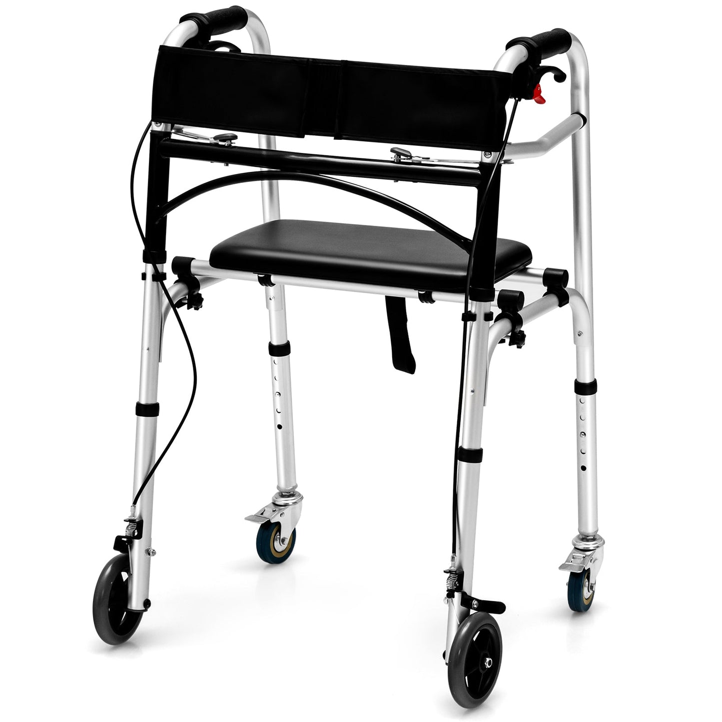 Adjustable Aluminum Walker with Wheels and Brakes by DirectDeals, silver frame and black seat on Tampa Home & Garden Store