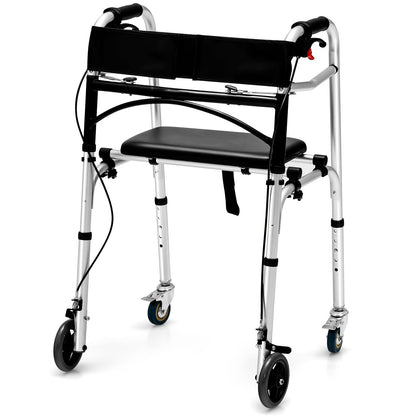 Adjustable Aluminum Walker with Wheels and Brakes by DirectDeals, silver frame and black seat on Tampa Home & Garden Store