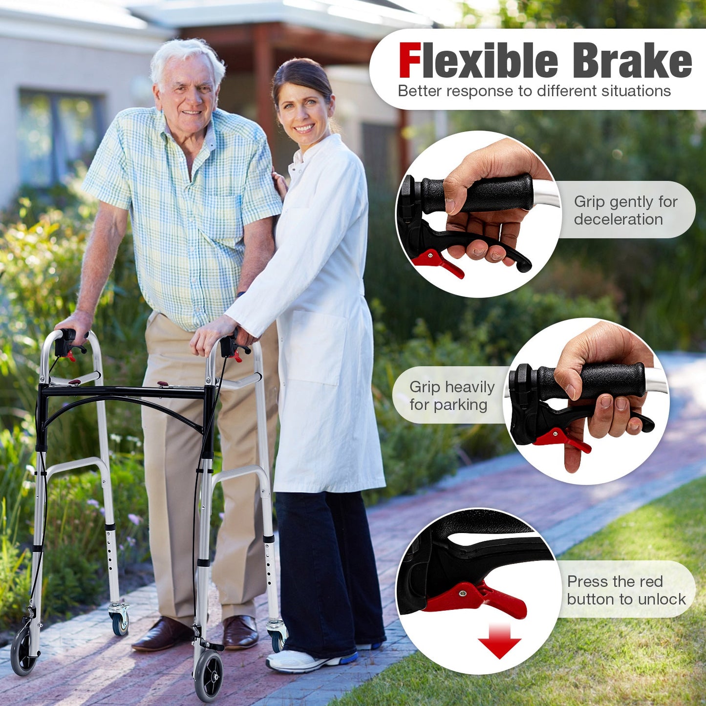 Adjustable aluminum walker with wheels and brakes by DirectDeals, two shown on Tampa Home & Garden Store