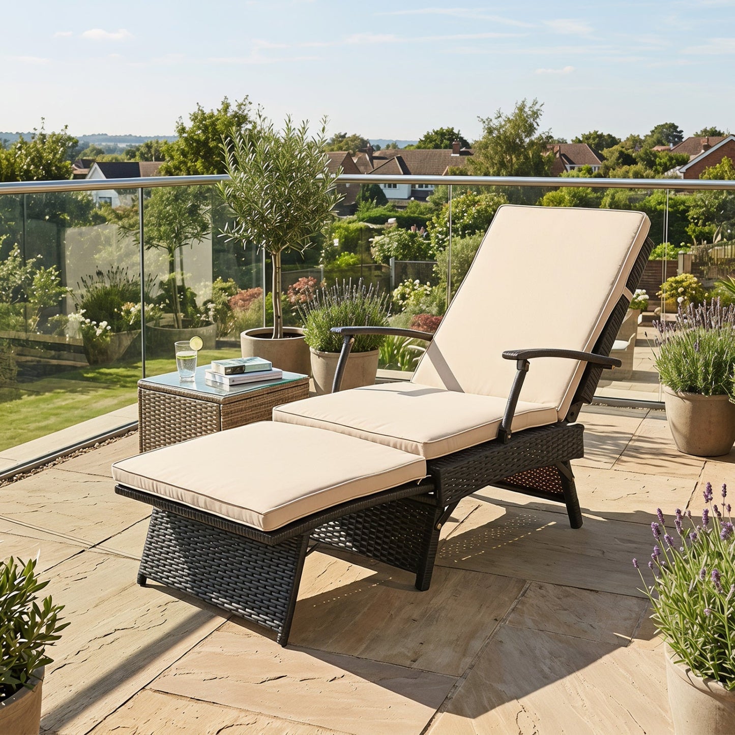 Folding wicker chaise lounge with adjustable backrest and ottoman, beige cushions, DirectDeals on Tampa Home & Garden Store