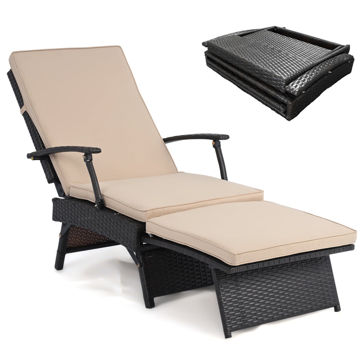 Folding wicker chaise lounge with adjustable backrest and beige cushions, ottoman included on Tampa Home & Garden Store