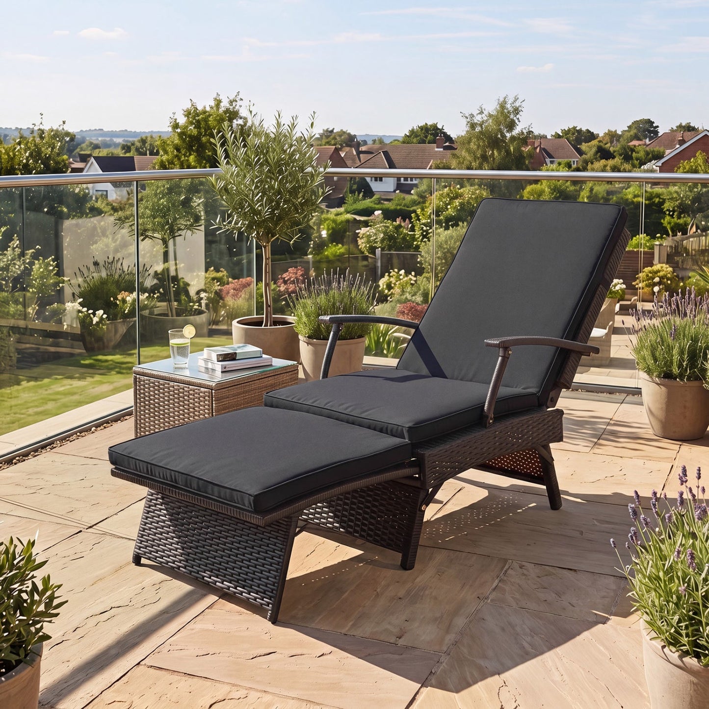 Folding Wicker Chaise Lounge with Adjustable Backrest & Ottoman, dark gray cushions on Tampa Home & Garden Store