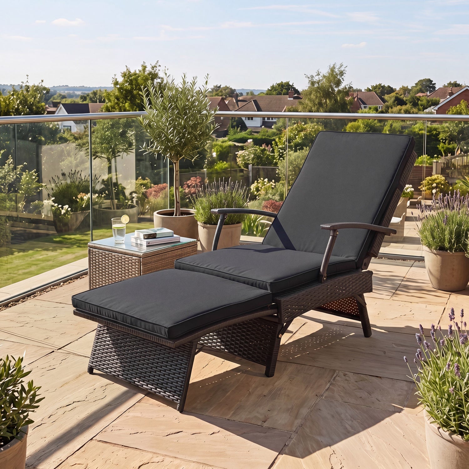 Folding Wicker Chaise Lounge with Adjustable Backrest & Ottoman, dark gray cushions on Tampa Home & Garden Store