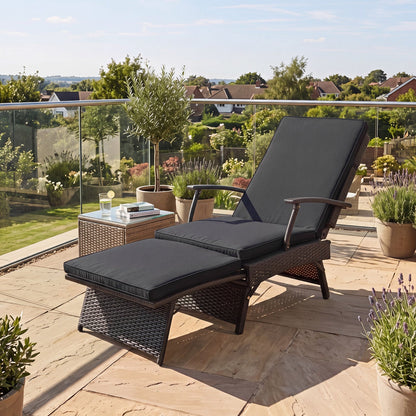 Folding Wicker Chaise Lounge with Adjustable Backrest & Ottoman, dark gray cushions on Tampa Home & Garden Store