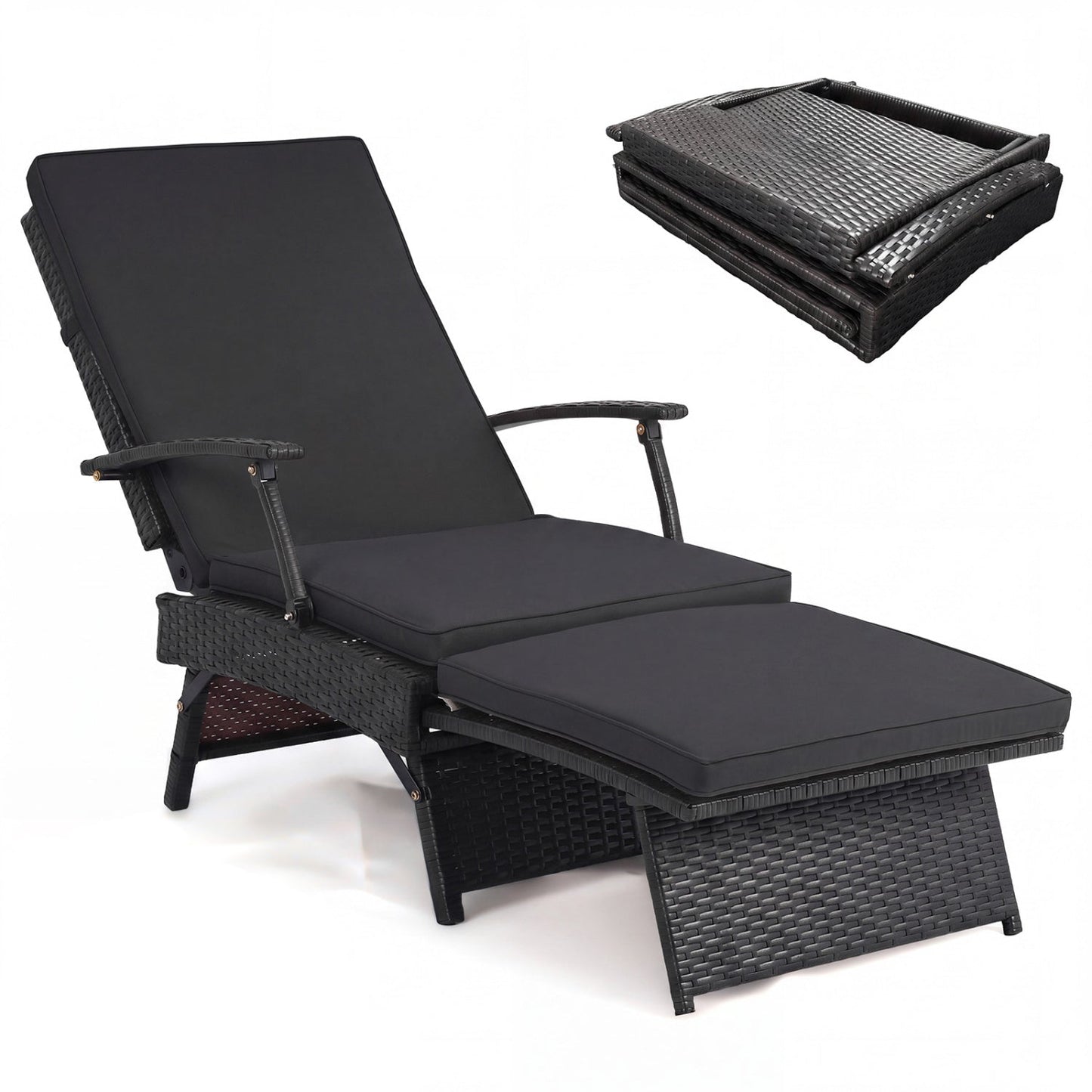 DirectDeals Folding Wicker Chaise Lounge with Adjustable Backrest & Ottoman, black outdoor set on Tampa Home & Garden Store