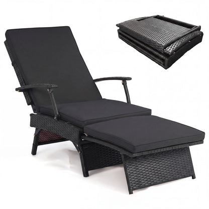 DirectDeals Folding Wicker Chaise Lounge with Adjustable Backrest & Ottoman, black outdoor set on Tampa Home & Garden Store