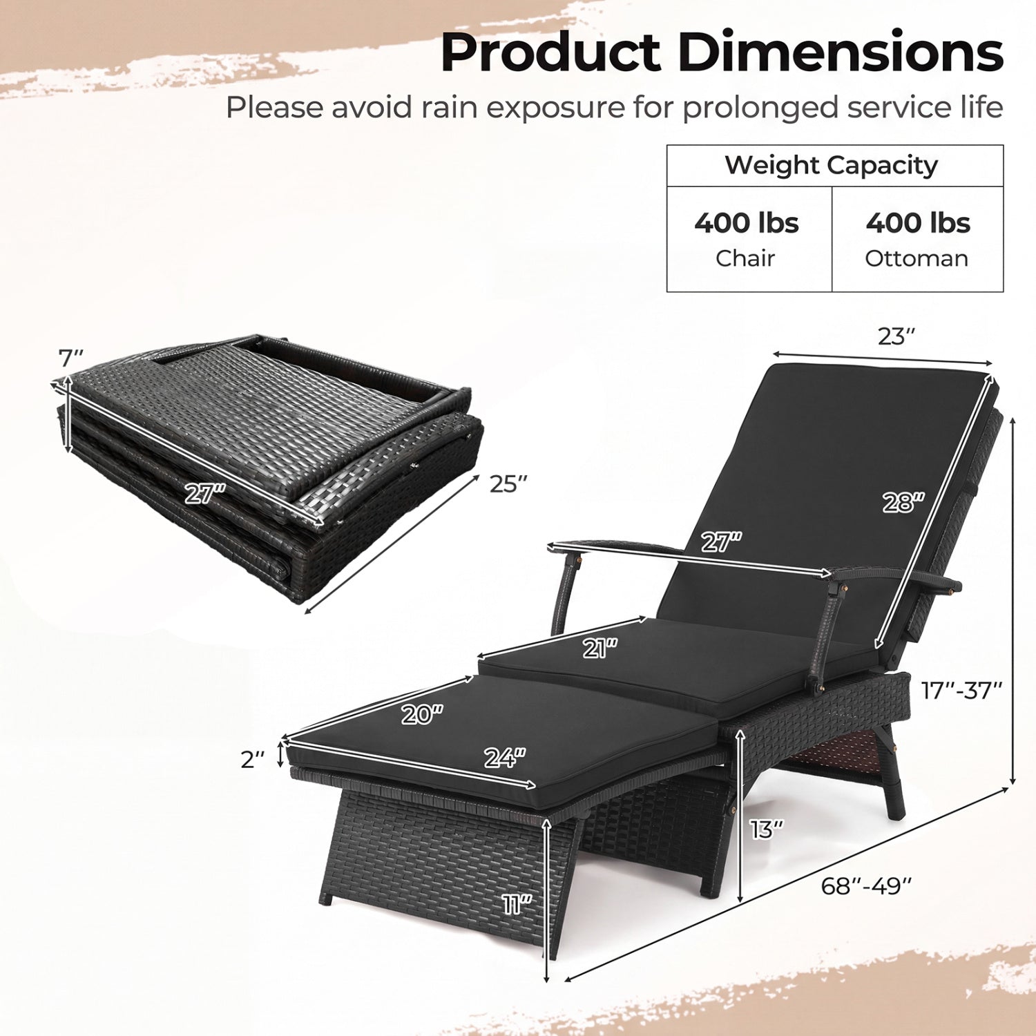 DirectDeals folding dark wicker chaise lounge with adjustable backrest and ottoman on Tampa Home & Garden Store