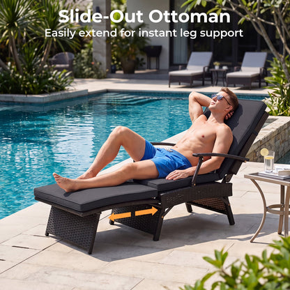 DirectDeals folding wicker chaise lounge with adjustable backrest & ottoman, dark brown wicker on Tampa Home & Garden Store