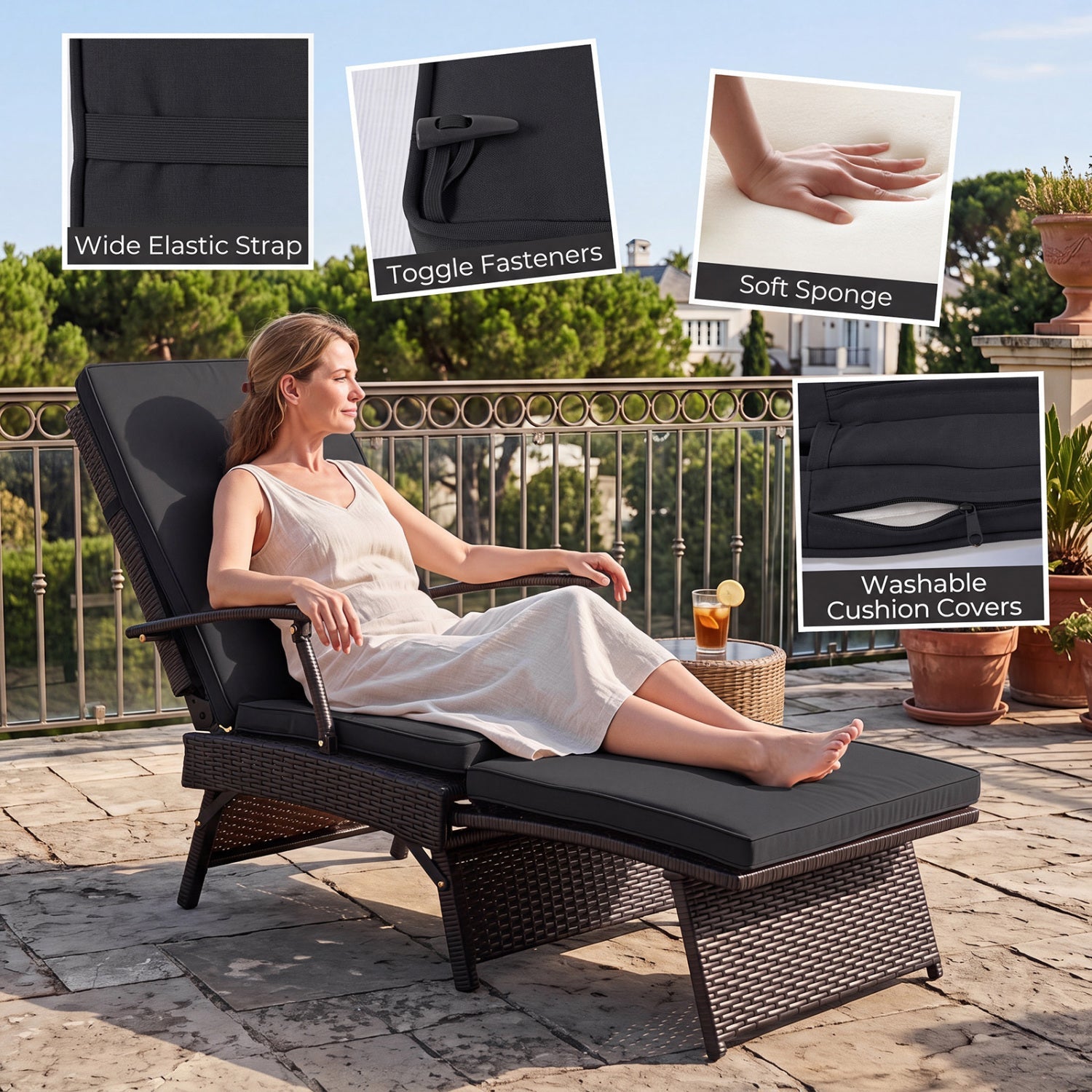 Folding Wicker Chaise Lounge with Adjustable Backrest & Ottoman, lounge with charcoal cushions on Tampa Home & Garden Store