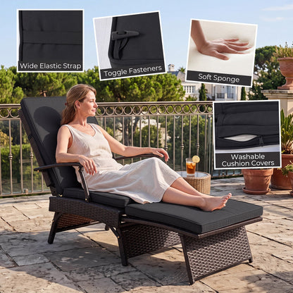 Folding Wicker Chaise Lounge with Adjustable Backrest & Ottoman, lounge with charcoal cushions on Tampa Home & Garden Store