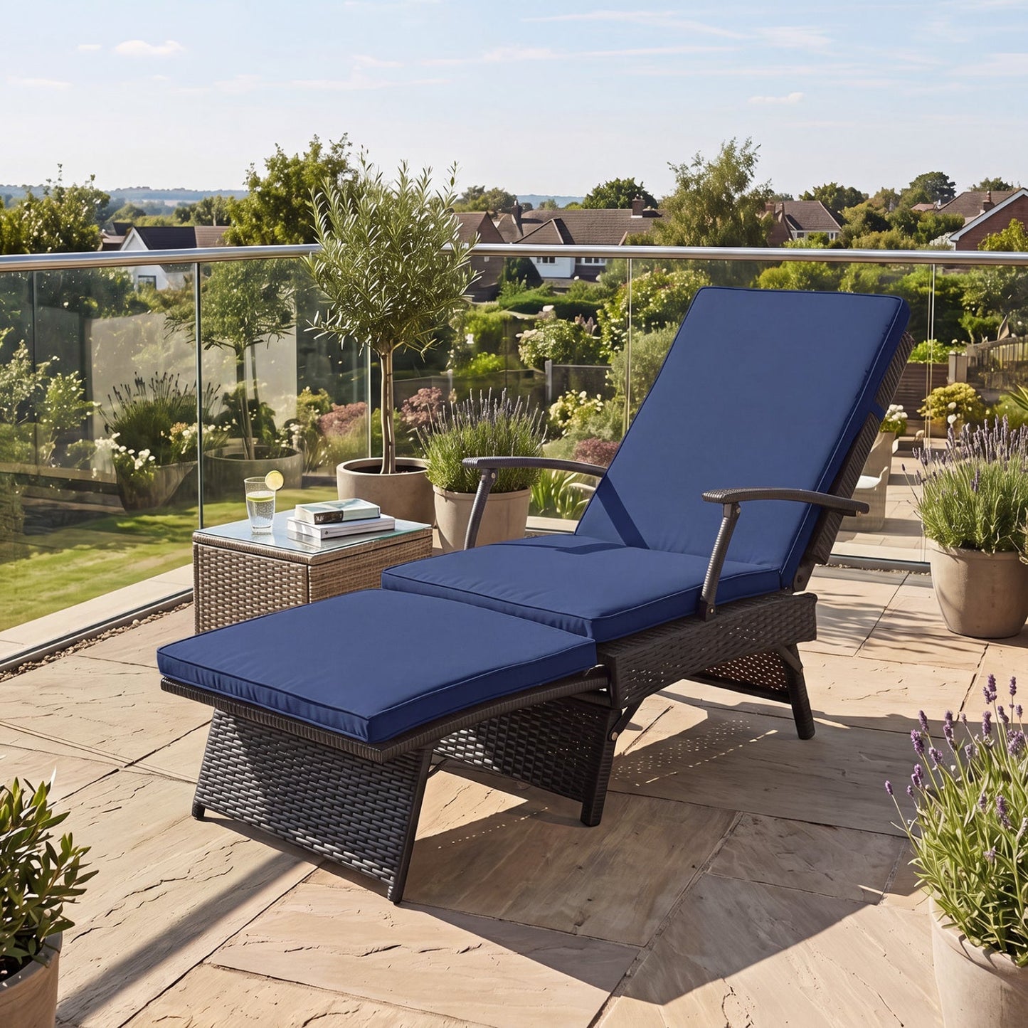 DirectDeals wicker chaise lounge with blue cushions, adjustable backrest and ottoman on balcony on Tampa Home & Garden Store