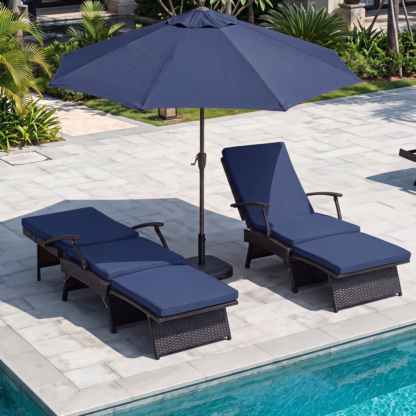 DirectDeals wicker chaise lounges with adjustable backs and ottomans, cushions by pool umbrella on Tampa Home & Garden Store