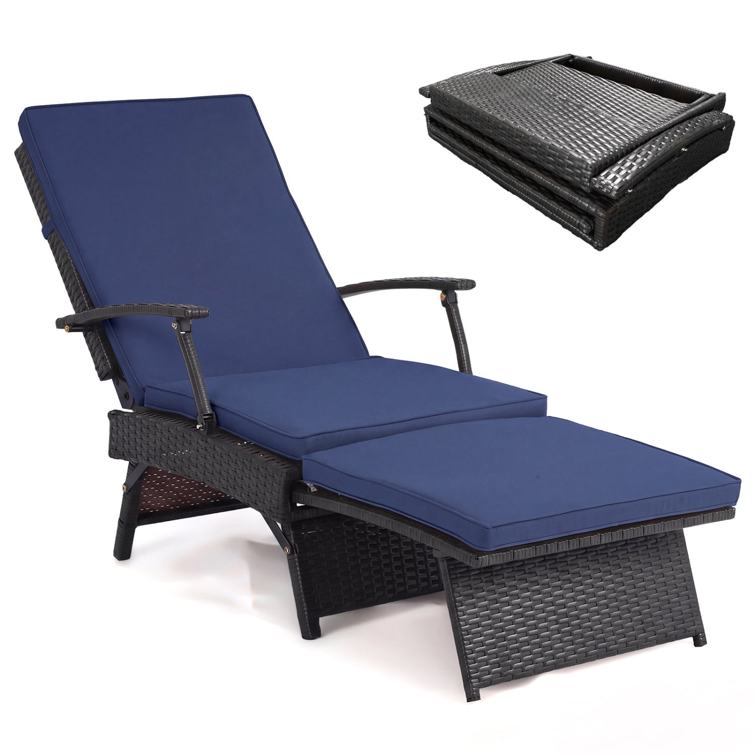 Folding wicker chaise lounge with adjustable backrest and navy cushions, ottoman by DirectDeals on Tampa Home & Garden Store