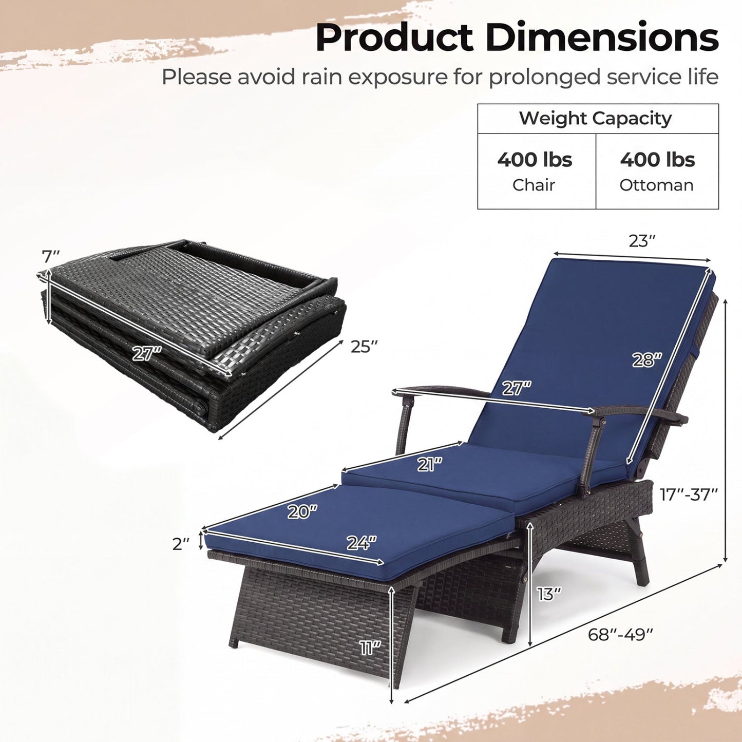 Folding wicker chaise lounge with adjustable backrest and ottoman, blue cushions DirectDeals on Tampa Home & Garden Store