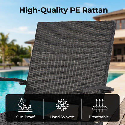 Folding wicker chaise lounge with adjustable backrest and ottoman in dark rattan by pool on Tampa Home & Garden Store