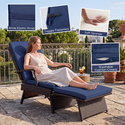 DirectDeals folding wicker chaise lounge with adjustable backrest and ottoman, blue cushions on Tampa Home & Garden Store