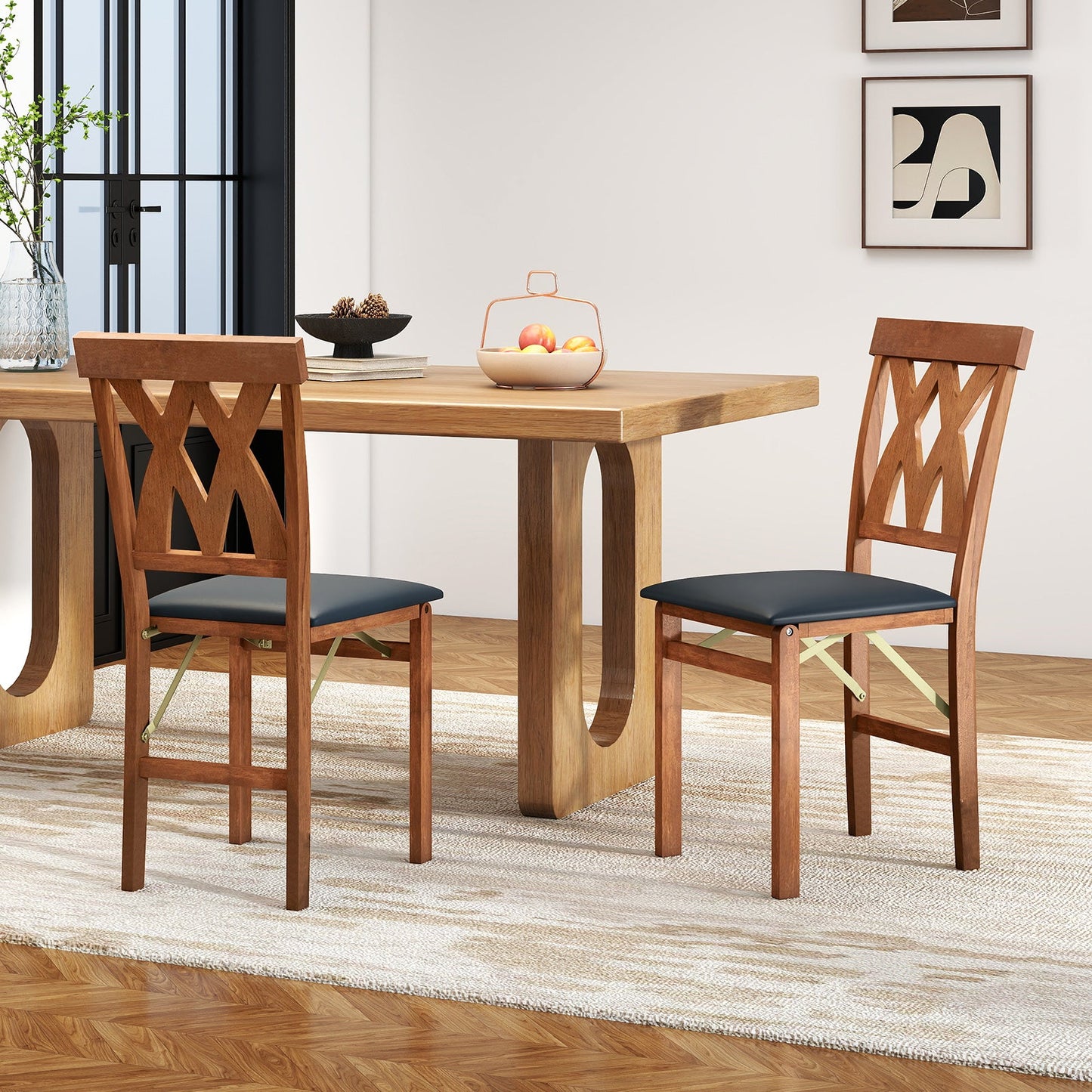 Folding Wooden Dining Chair Set of 2 Faux Leather Upholstered Kitchen Armless Chairs