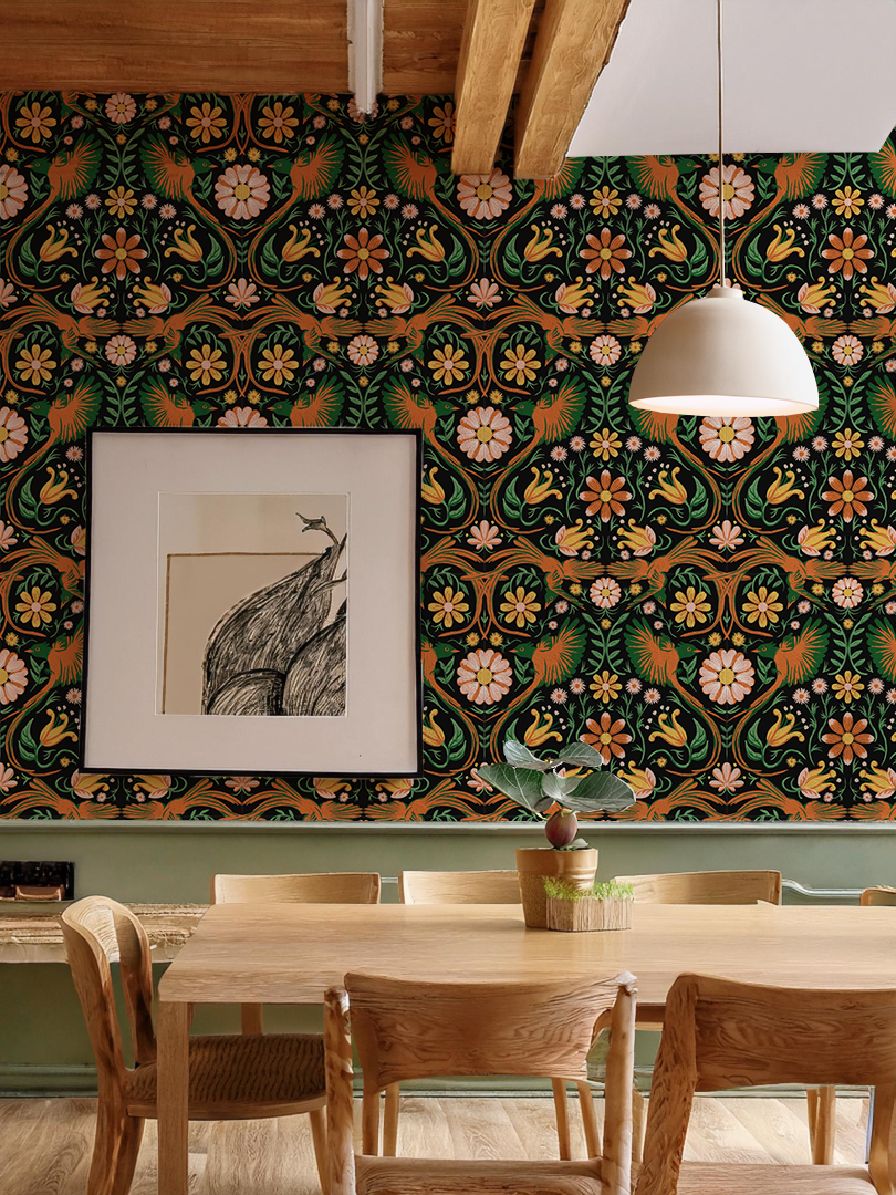 Folkie Birdie Wallpaper, black, orange & green - Tampa Home & Garden Store