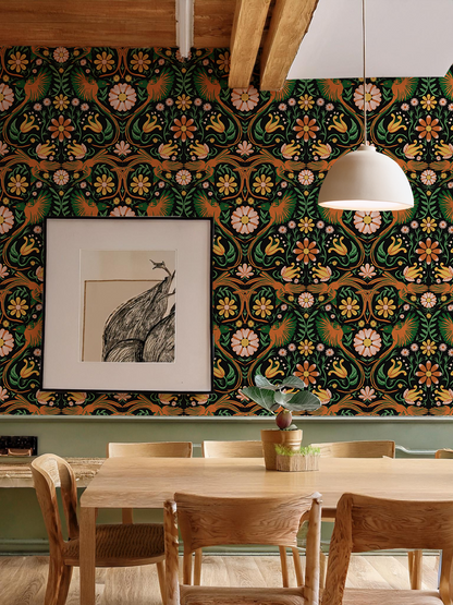 Folkie Birdie Wallpaper, black, orange & green - Tampa Home & Garden Store