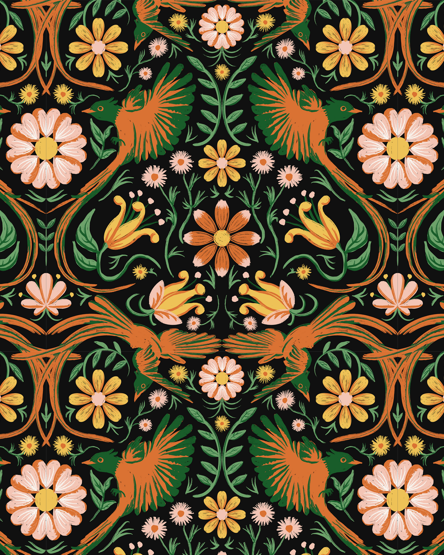 Folkie Birdie Wallpaper, black, orange & green - Tampa Home & Garden Store