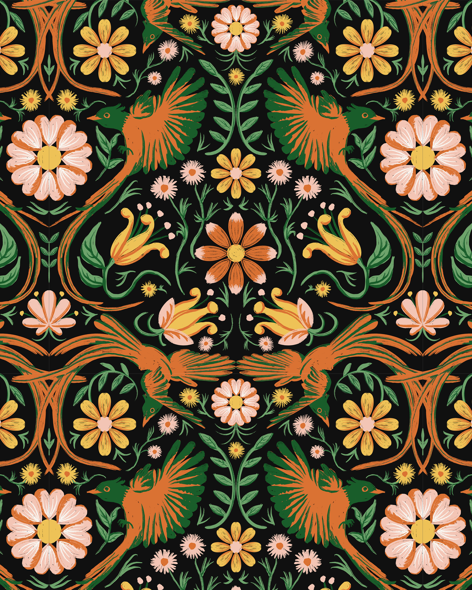 Folkie Birdie Wallpaper, black, orange & green - Tampa Home & Garden Store
