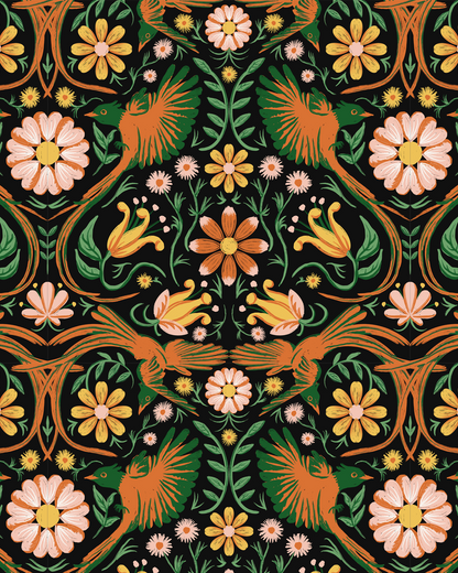 Folkie Birdie Wallpaper, black, orange & green - Tampa Home & Garden Store