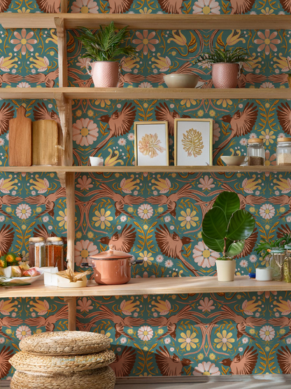 Folkie Birdie Wallpaper, dusty teal, peach & rust - Tampa Home & Garden Store
