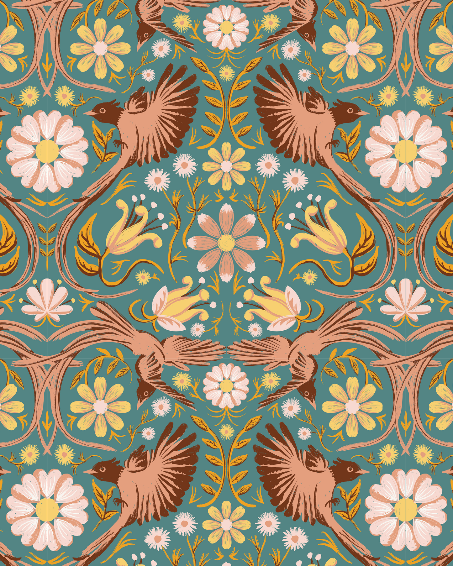 Folkie Birdie Wallpaper, dusty teal, peach & rust - Tampa Home & Garden Store