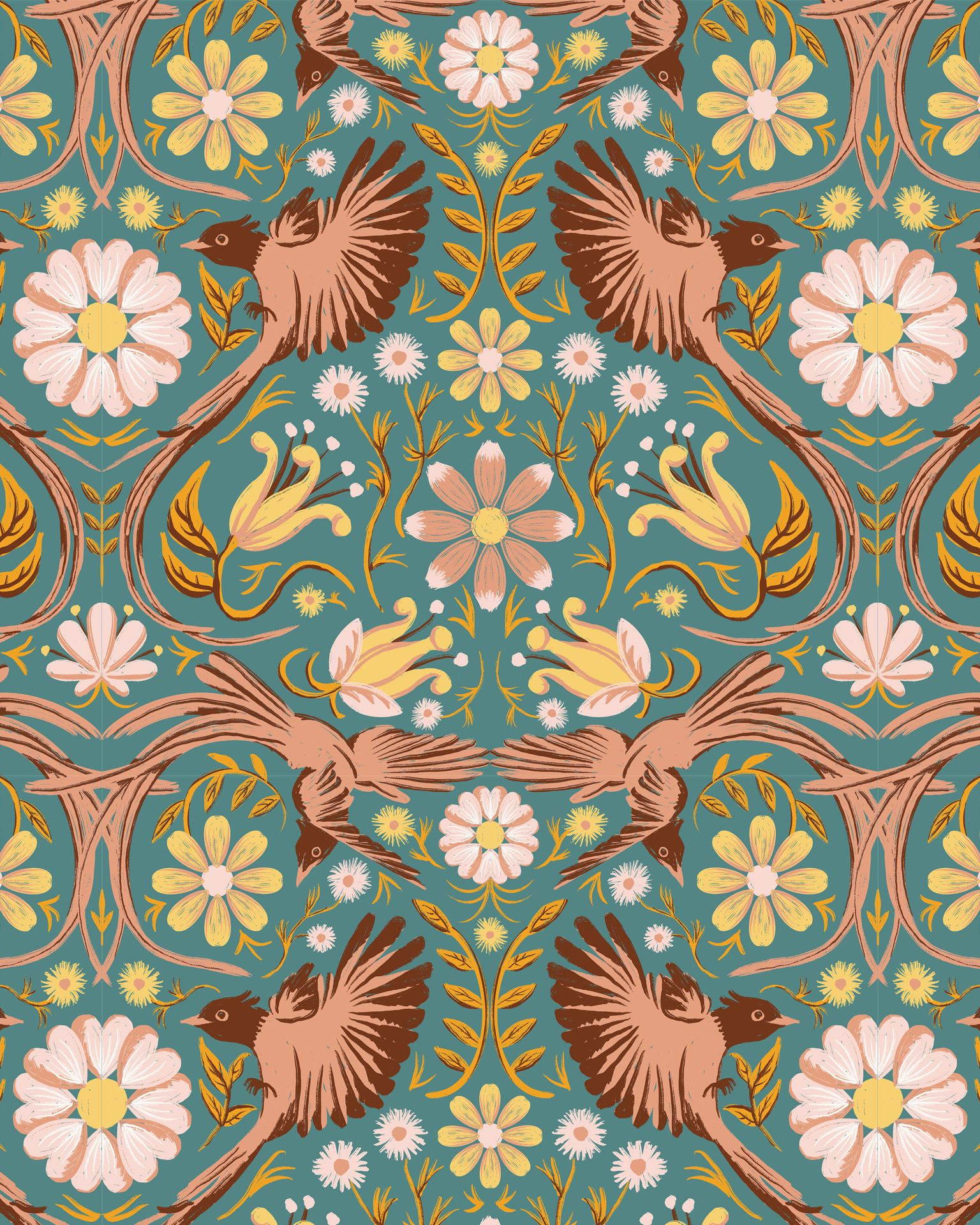 Folkie Birdie Wallpaper, dusty teal, peach & rust - Tampa Home & Garden Store