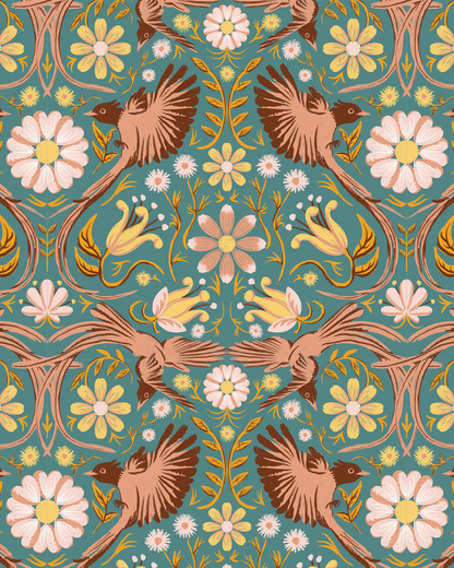 Folkie Birdie Wallpaper, dusty teal, peach & rust - Tampa Home & Garden Store