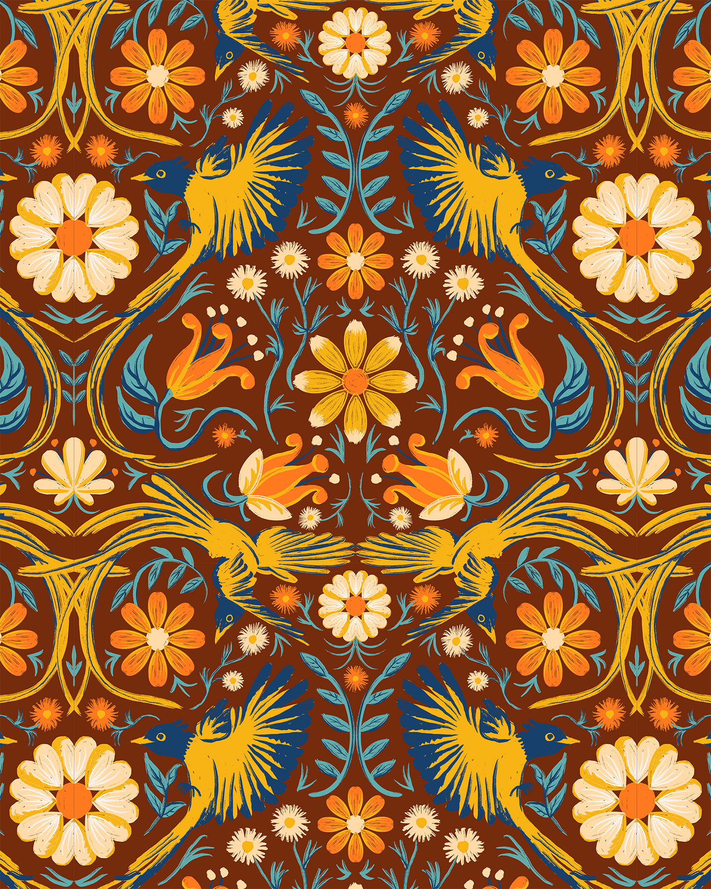 Papier peint Folkie Birdie, rouille, jaune d'or et bleu