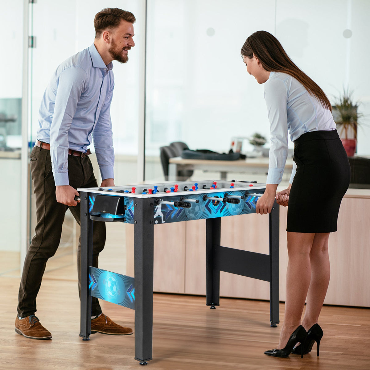 Stable Soccer Table Game with 2 Footballs DirectDeals blue foosball table in office setting on Tampa Home & Garden Store