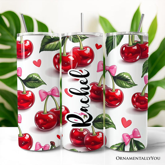 Cherry Bow Pattern 20oz Personalized Tumbler With Lid and Stainless Steel Straw, Valentine Travel Mug Gift
