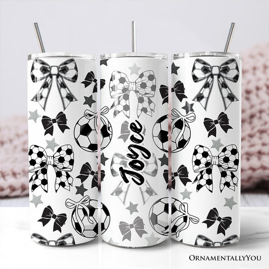 Coquette Black and White Soccer Bow 20oz Personalized Tumbler With Lid and Stainless Steel Straw, Sporty Girls Pattern Gift Cup