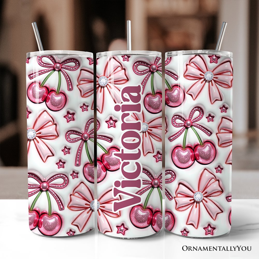 Gobelet gonflable 3D Coquette Cherry Bows avec couvercle et paille en acier inoxydable, cadeau idéal pour vos voyages printaniers à motif floral.