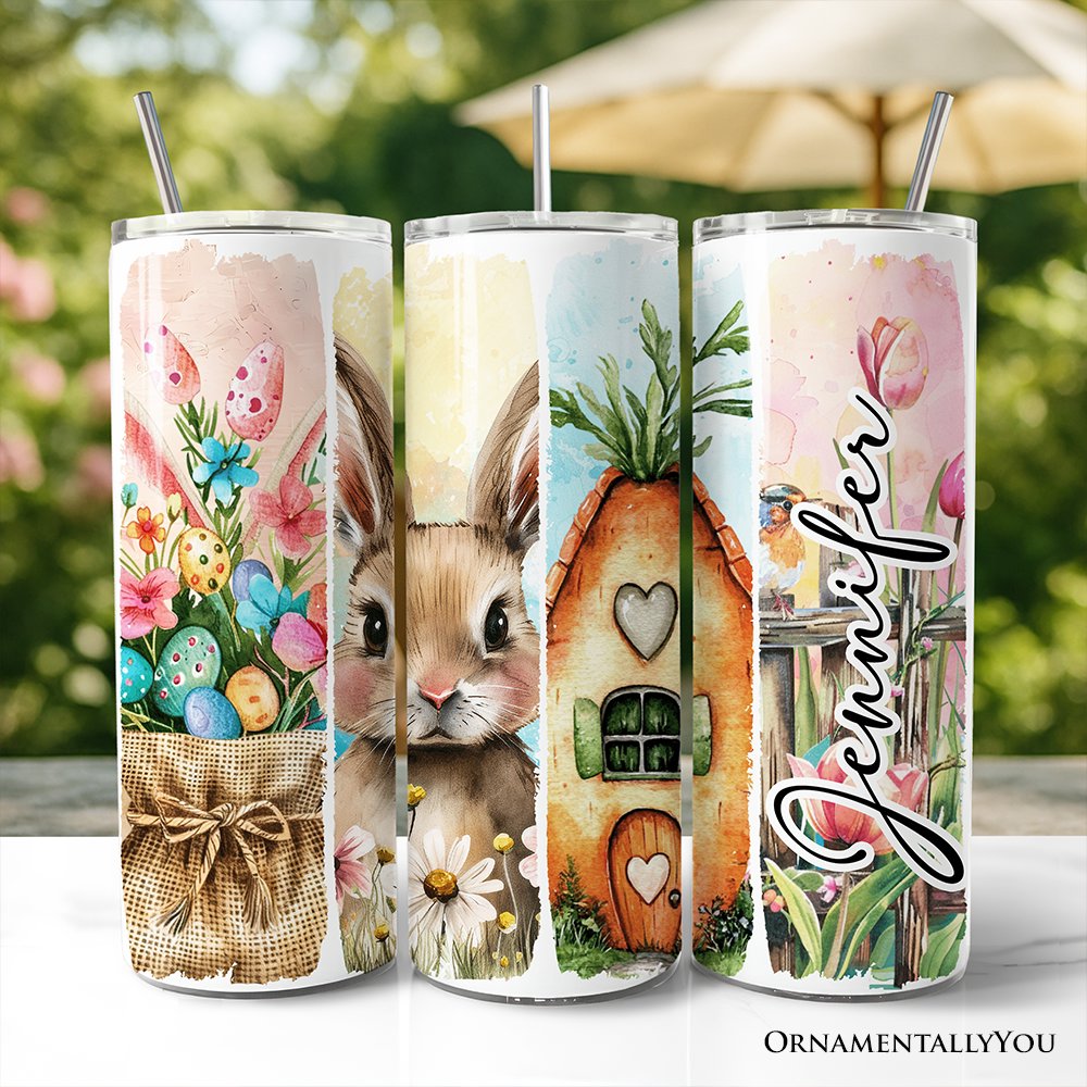 Gobelet isotherme personnalisé 590 ml (20 oz) avec couvercle et paille en acier inoxydable, motif floral et lapin de Pâques, tasse de voyage Coquette aux teintes pastel printanières (cadeau idéal)