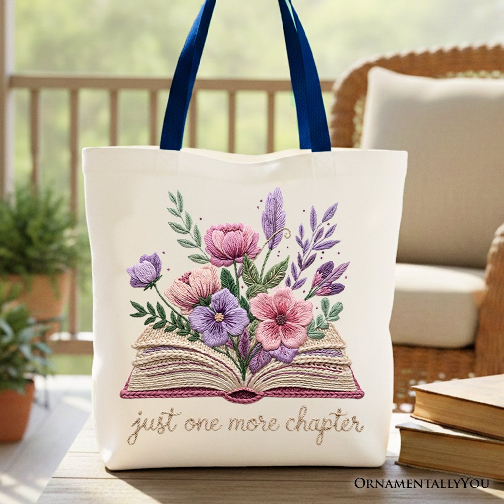 Floral Book Print Faux Crochet Tote for a Reader