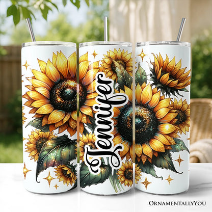 Glittered Sunflower Pattern 20oz Personalized Tumbler With Lid and Stainless Steel Straw, Yellow Summer Flowers Travel Mug Gift