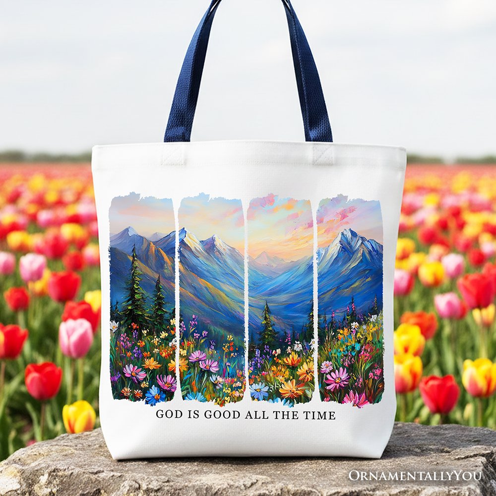 God Is Good Mountain Canvas Tote Bag and Joy