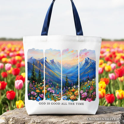 God Is Good Mountain Canvas Tote Bag and Joy