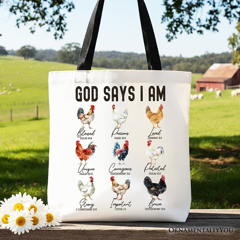 God Says I Am Christian Tote and Farm Rooster Bag