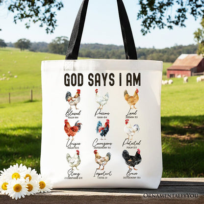 God Says I Am Christian Tote and Farm Rooster Bag