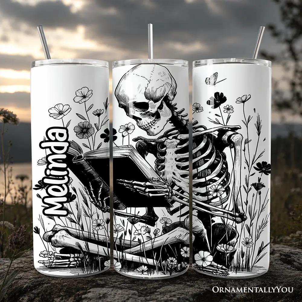 3-pack Gothic Reading Skeleton 20oz tumbler with lids, floral stainless straws OrnamentallyYou on Tampa Home & Garden Store