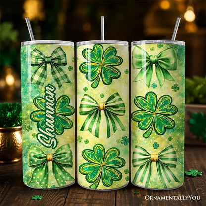 Three green shamrock bow pattern 20oz tumblers with lids and straws OrnamentallyYou on Tampa Home & Garden Store