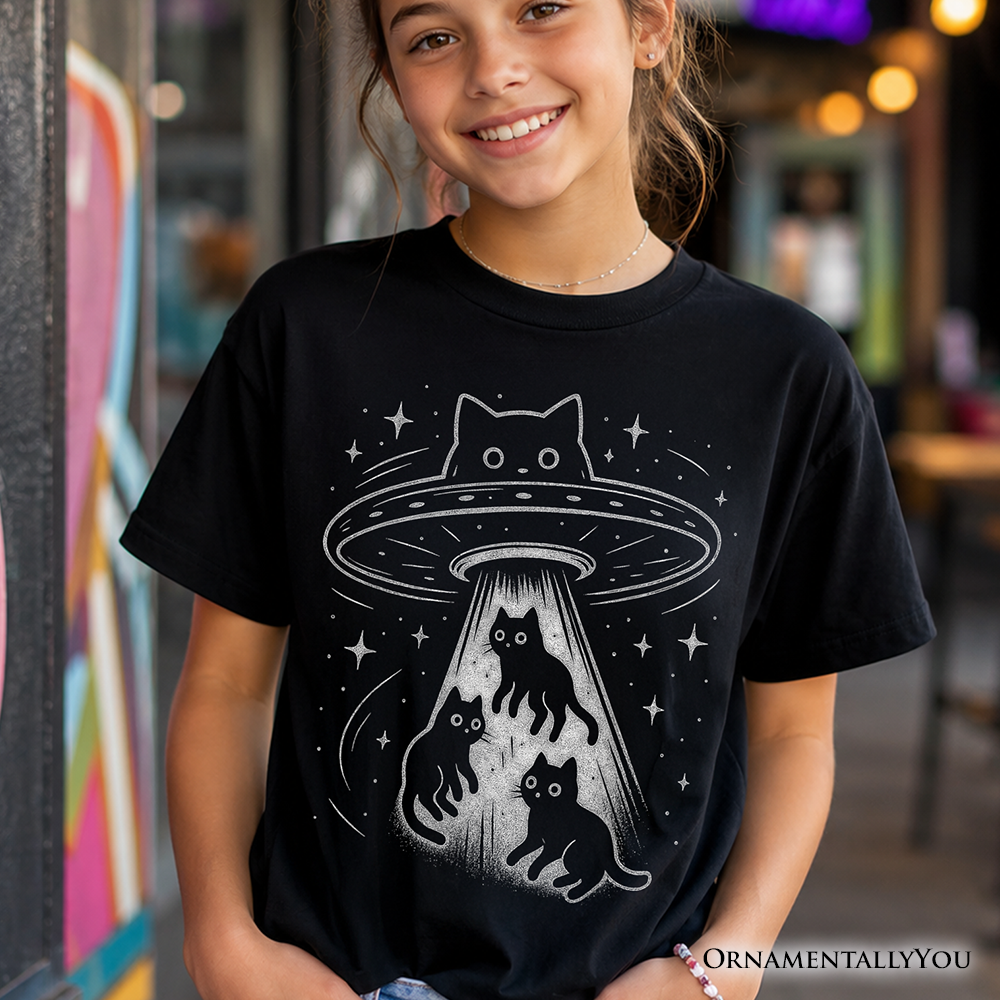 Funny Alien Cat Abduction Space Tee For Kids