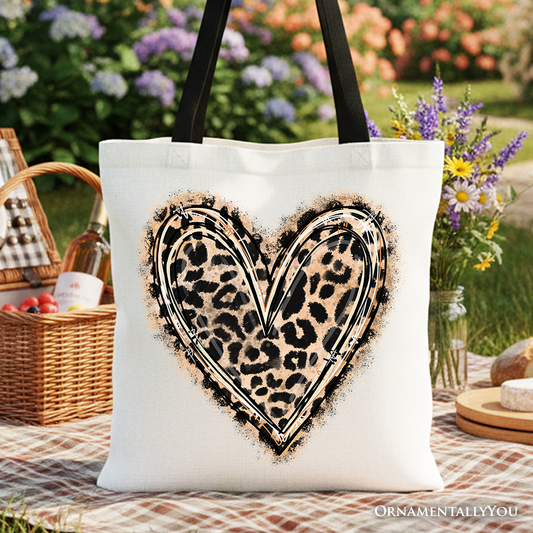 Leopard Heart Valentine Canvas Tote Bag, Love Design Shopper